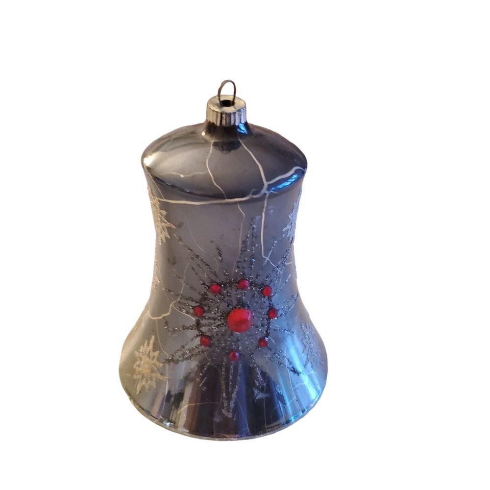 Vintage 50s 60s Mercury Glass Bell Ornamant Blue with Rhinestones & Glitter